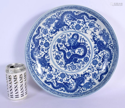 A LARGE CHINESE BLUE AND WHITE PORCELAIN DRAGON DISH 20th Ce...