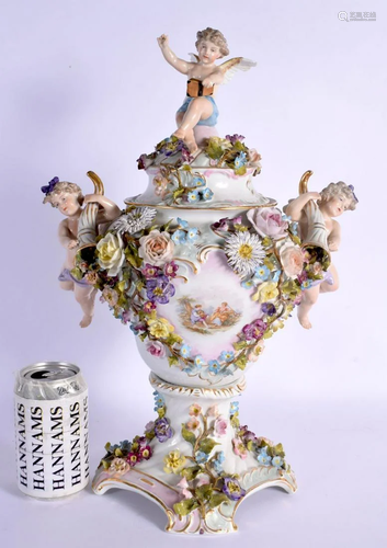 A LARGE EARLY 20TH CENTURY GERMAN PORCELAIN VASE AND COVER w...