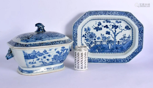 A GOOD LARGE 18TH CENTURY CHINESE BLUE AND WHITE EXPORT TURE...