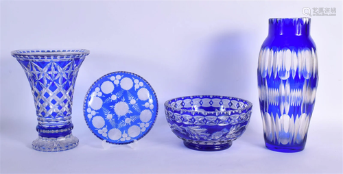 FOUR BOHEMIAN BLUE FLASH GLASS ITEMS including a thistle cut...