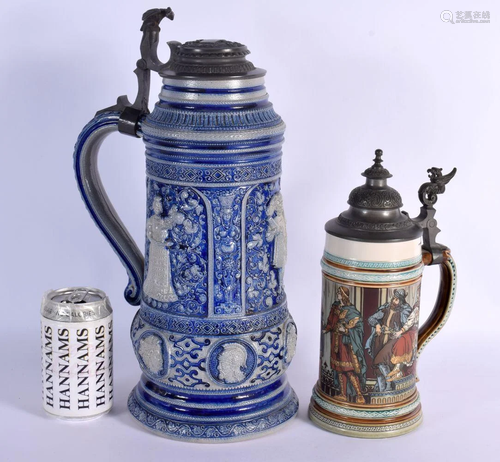 A LARGE GERMAN WESTERVALD TYPE STONEWARE FLAGON together wit...