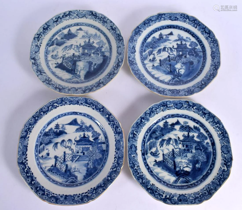 A SET OF FOUR 18TH CENTURY CHINESE EXPORT BLUE AND WHITE PLA...