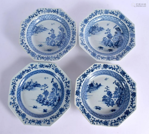 A SET OF FOUR 18TH CENTURY CHINESE EXPORT BLUE AND WHITE PLA...