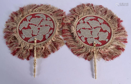 A PAIR OF VICTORIAN CARVED BONE AND BEADWORK FANS. 40 cm x 2...