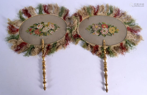 A PAIR OF VICTORIAN CARVED GILTWOOD AND BEADWORK FANS. 40 cm...