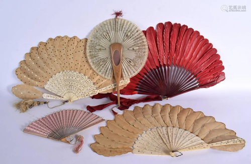 A PAIR OF ANTIQUE CARVED BONE FANS together with three other...