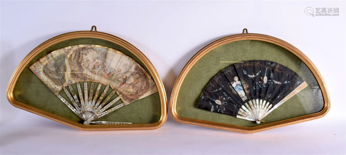 A PAIR OF 19TH CENTURY FRENCH SILK WORK FANS depicting femal...