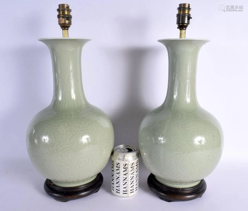 A PAIR OF 19TH CENTURY CHINESE CELADON PORCELAIN VASES conve...