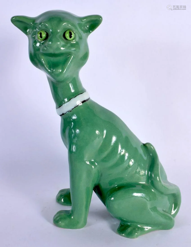 A MASONIC GREEN GLAZED GALLE STYLE CAT. 22 cm x 10 cm.