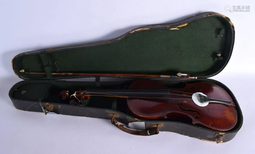 A CASED SINGLE BACK VIOLIN AND BOWL bearing label to interio...