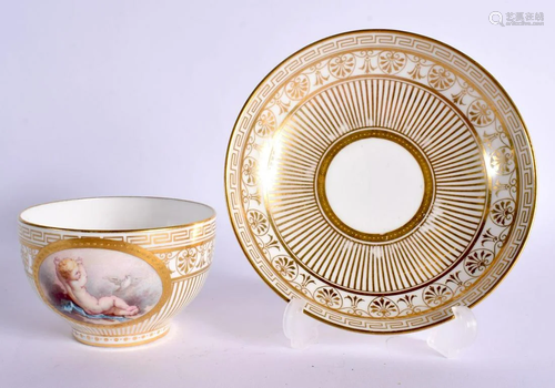 LATE 19TH C. MINTON TEACUP AND SAUCER WITH CLASSICALLY GILDE...