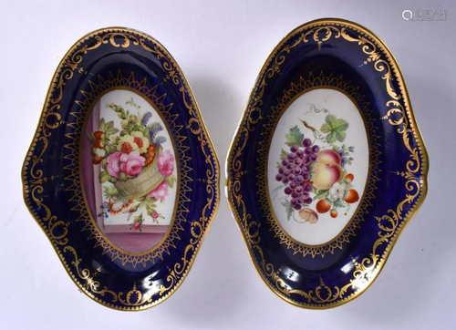 COALPORT PAIR OF OVAL DISHES PAINTED WITH FRUIT IN GILT PANE...