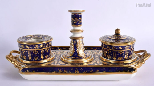 DERBY INKSTAND ORNATELY GILDED ON A COBALT BLUE GROUND HAVIN...