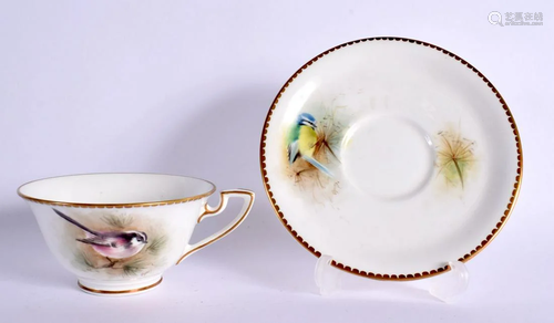 ROYAL WORCESTER TEACUP AND SAUCER EACH PAINTED WITH A BLUETI...