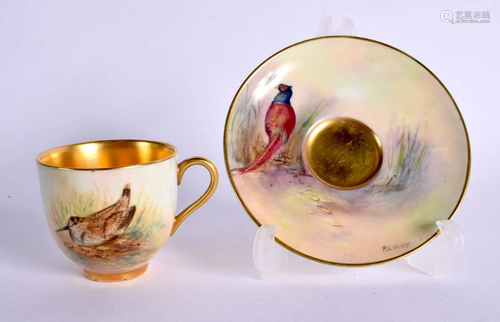 ROYAL WORCESTER COFFEE CUP AND SAUCER EACH PAINTED WITH A WO...