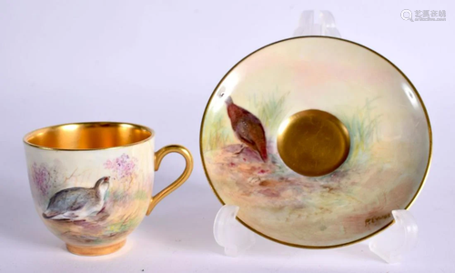 ROYAL WORCESTER COFFEE CUP AND SAUCER EACH PAINTED WITH A PT...