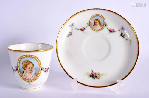 ROYAL WORCESTER JEWELLED CUP AND SAUCER PAINTED WITH A YOUNG...