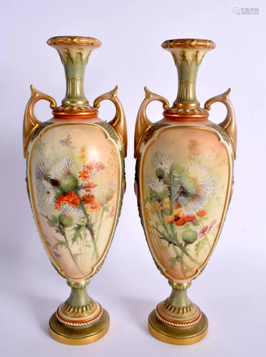 ROYAL WORCESTER PAIR OF TWO HANDLED VASES PAINTED WITH THIST...