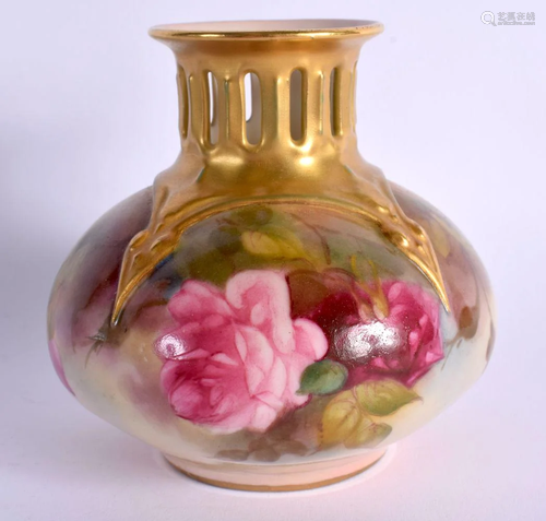 ROYAL WORCESTER MOULDED VASE WITH PIERCED NECK PAINTED WITH ...