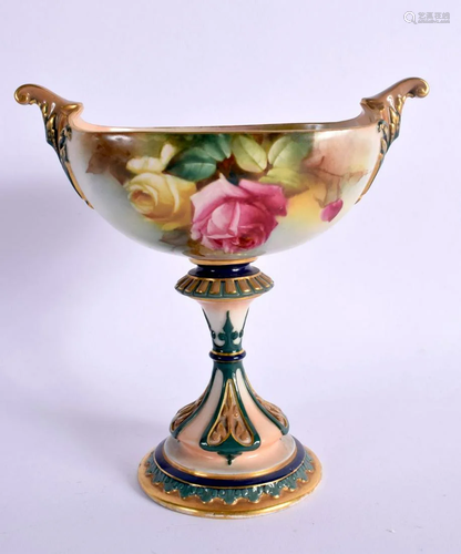 ROYAL WORCESTER BOAT SHAPED VASE ON PEDESTAL FOOT PAINTED WI...