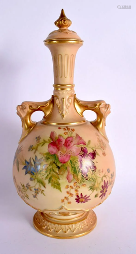 ROYAL WORCESTER VASE AND COVER WITH TWO MASK HANDLES PAINTED...