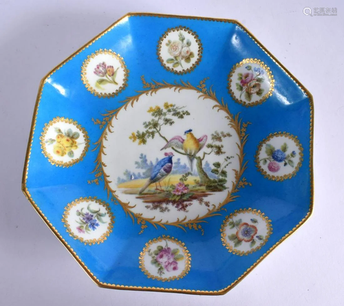 18TH CENTURY SEVRES OCTAGONAL DISH PAINTED WITH BIRDS IN LAN...