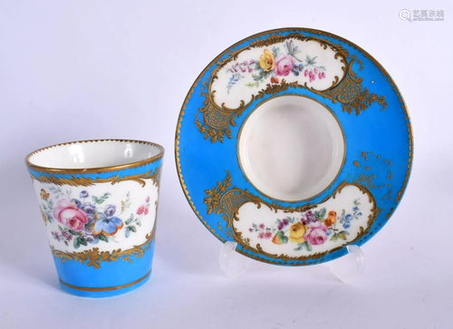 18TH CENTURY SEVRES TREMBLEUSE CUP AND SAUCER PAINTED WITH F...