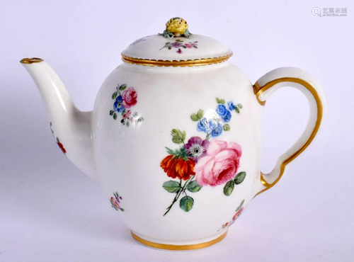 18TH CENTURY SEVRES TEAPOT AND COVER PAINTED WITH FLOWER SPR...