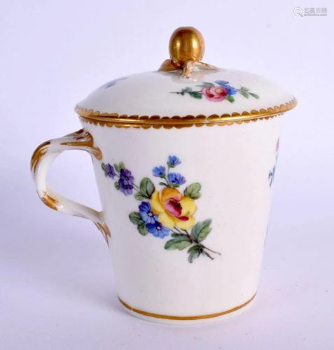 18TH CENTURY SEVRES CUP AND COVER WITH ENTWINED HANDLE PAINT...