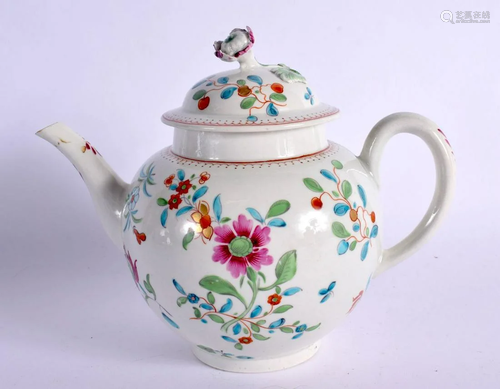 18TH CENTURY WORCESTER TEAPOT AND COVER ENAMELLED WITH FLOWE...