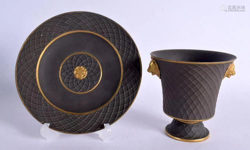 19TH CENTURY BASALT FINE BASKET WEAVE BEAKER AND SAUCER WITH...