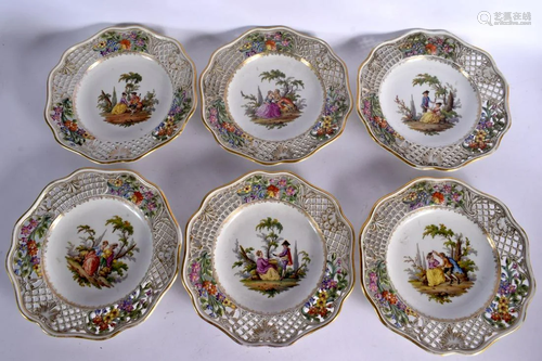 A SET OF SIX 19TH CENTURY MEISSEN RETICULATED PORCELAIN CABI...