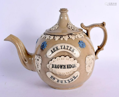 A VERY RARE 19TH CENTURY DERBYSHIRE SALT GLAZED TEAPOT AND C...