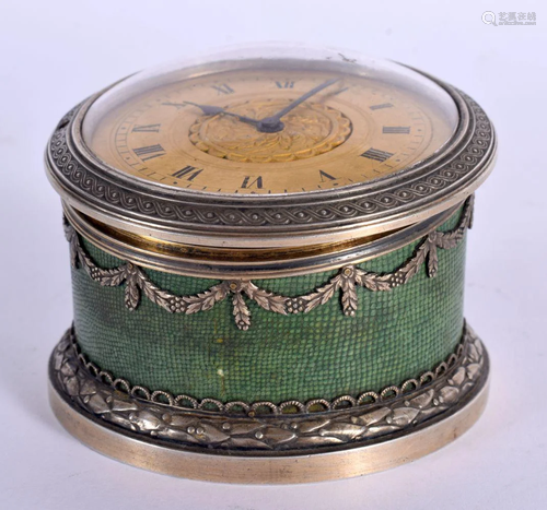 A FINE ANTIQUE FRENCH SILVER AND SHAGREEN TRAVELLING CLOCK b...