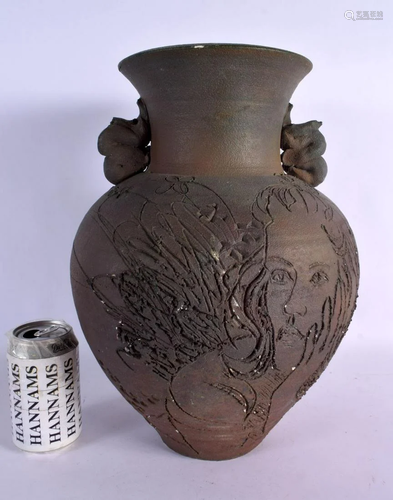 AN UNUSUAL RETRO STUDIO POTTERY STONEWARE VASE engraved with...