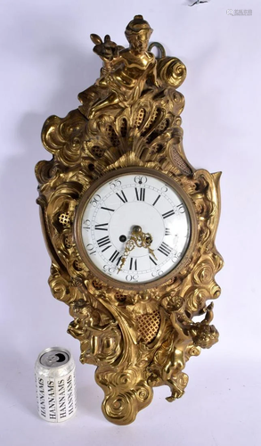 A LARGE 19TH CENTURY FRENCH GILT BRONZE HANGING CARTEL CLOCK...