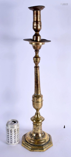 A LARGE 18TH CENTURY CONTINENTAL BRASS ALTAR TYPE CANDLESTIC...