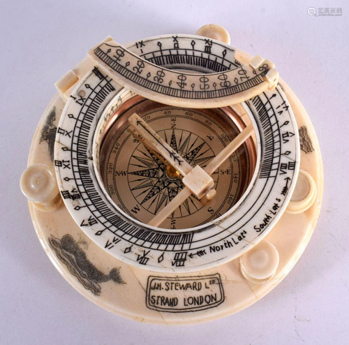 A CONTINENTAL CARVED BONE SCRIMSHAW COMPASS. 10 cm wide.