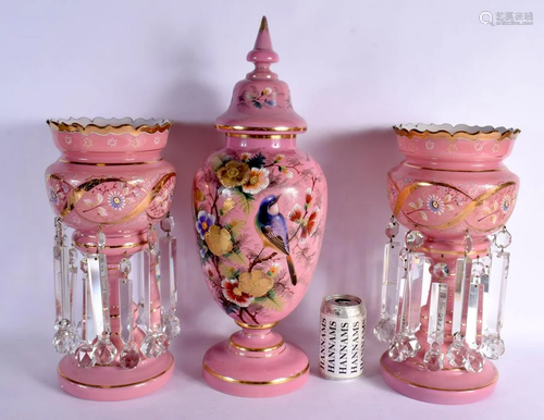 A RARE EARLY 20TH CENTURY PINK OPALINE GLASS GARNITURE ename...