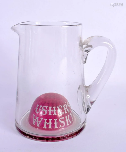 A RARE VINTAGE USHERS WHISKY ADVERTISING GLASS. 14 cm x 11 c...