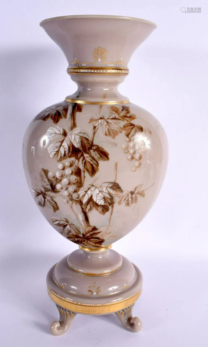 A LARGE VICTORIAN ENAMELLED PALE BROWN GLAZED OPALINE VASE p...