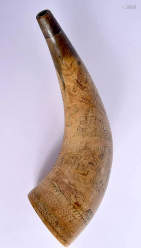 A FINE 19TH CENTURY CONTINENTAL SCRIMSHAW POWDER HORN decora...