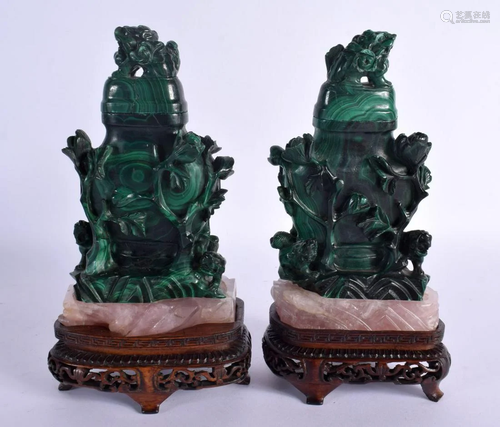 A PAIR OF 19TH CENTURY CHINESE CARVED MALACHITE AND QUARTZ V...