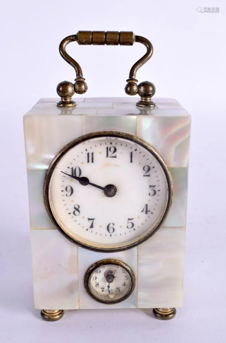 AN EDWARDIAN MOTHER OF PEARL INLAID MINIATURE CLOCK with twi...