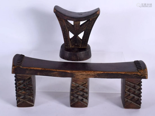 TWO EARLY 20TH CENTURY AFRICAN TRIBAL HEAD RESTS. Largest 37...