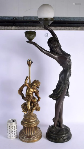 A LARGE EUROPEAN GILT METAL FIGURAL LAMP together with a lar...