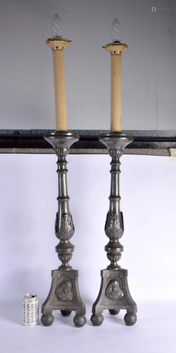 A LARGE PAIR OF 18TH/19TH EUROPEAN PEWTER PRICKET CANDLESTIC...