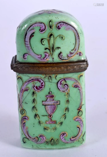 A RARE 18TH CENTURY ENGLISH ENAMEL ETUI painted with puce ur...