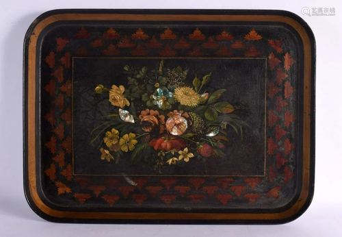 A LARGE 19TH CENTURY EUROPEAN RECTANGULAR LACQUERED TRAY dec...