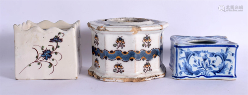 THREE 18TH/19TH CENTURY EUROPEAN FAIENCE DELFT INKWELLS in v...